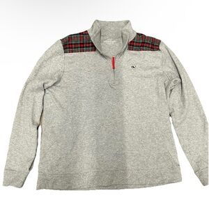 Vineyard Vines Men’s Grey 1/4 Zip Pullover Red Green Plaid Size Large Christmas